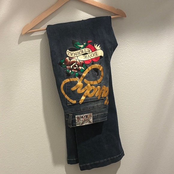 Ed Hardy Slim Flare Women's Multi Color Embroidery Blue Jeans Size 32 - Picture 1 of 6